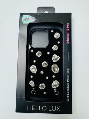 Hello Lux Black Gemstone Phone Case iPhone 16 Pro Rhinestone Bling